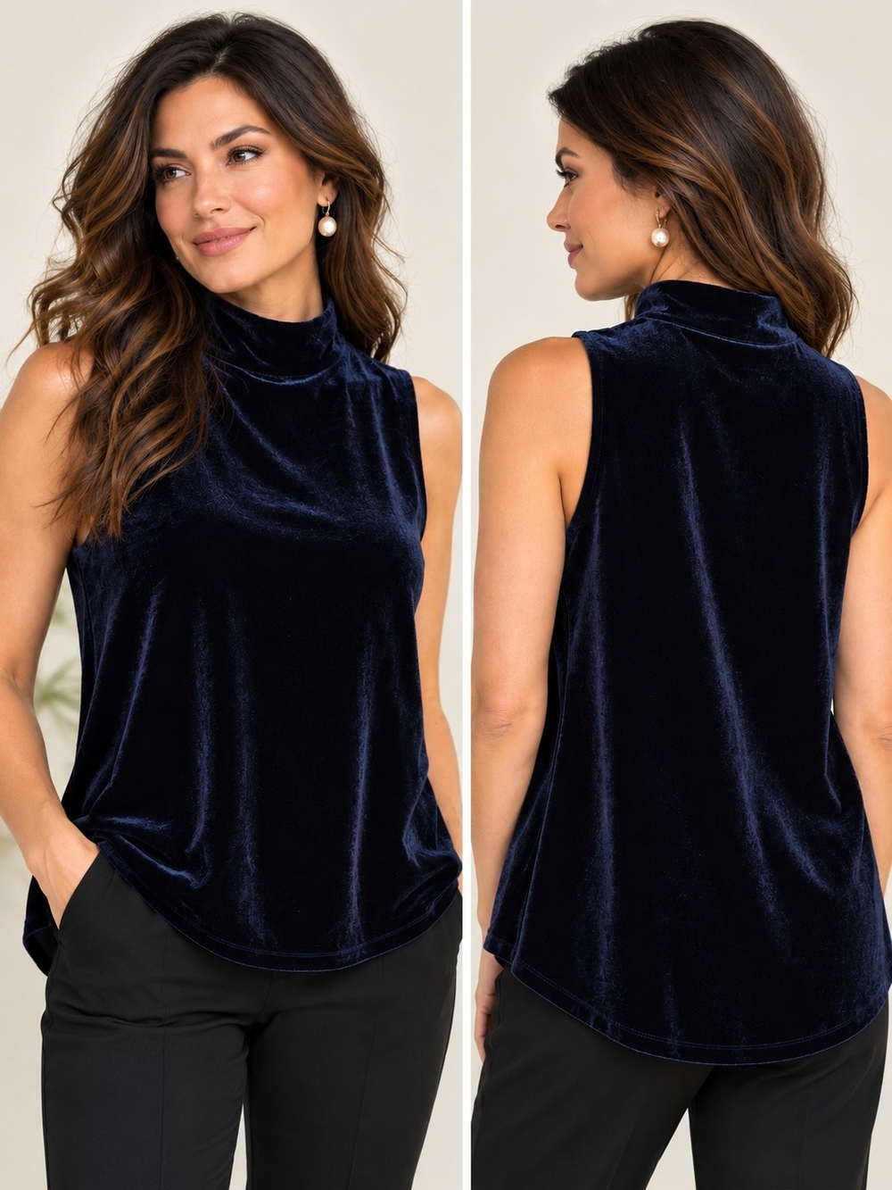 Sleeveless Velvet Mock Neck Top - Navy